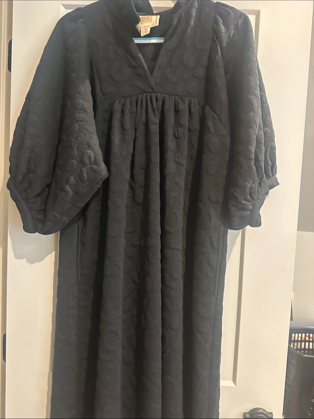 Textured Black Maxi Dress with Puff Sleeves